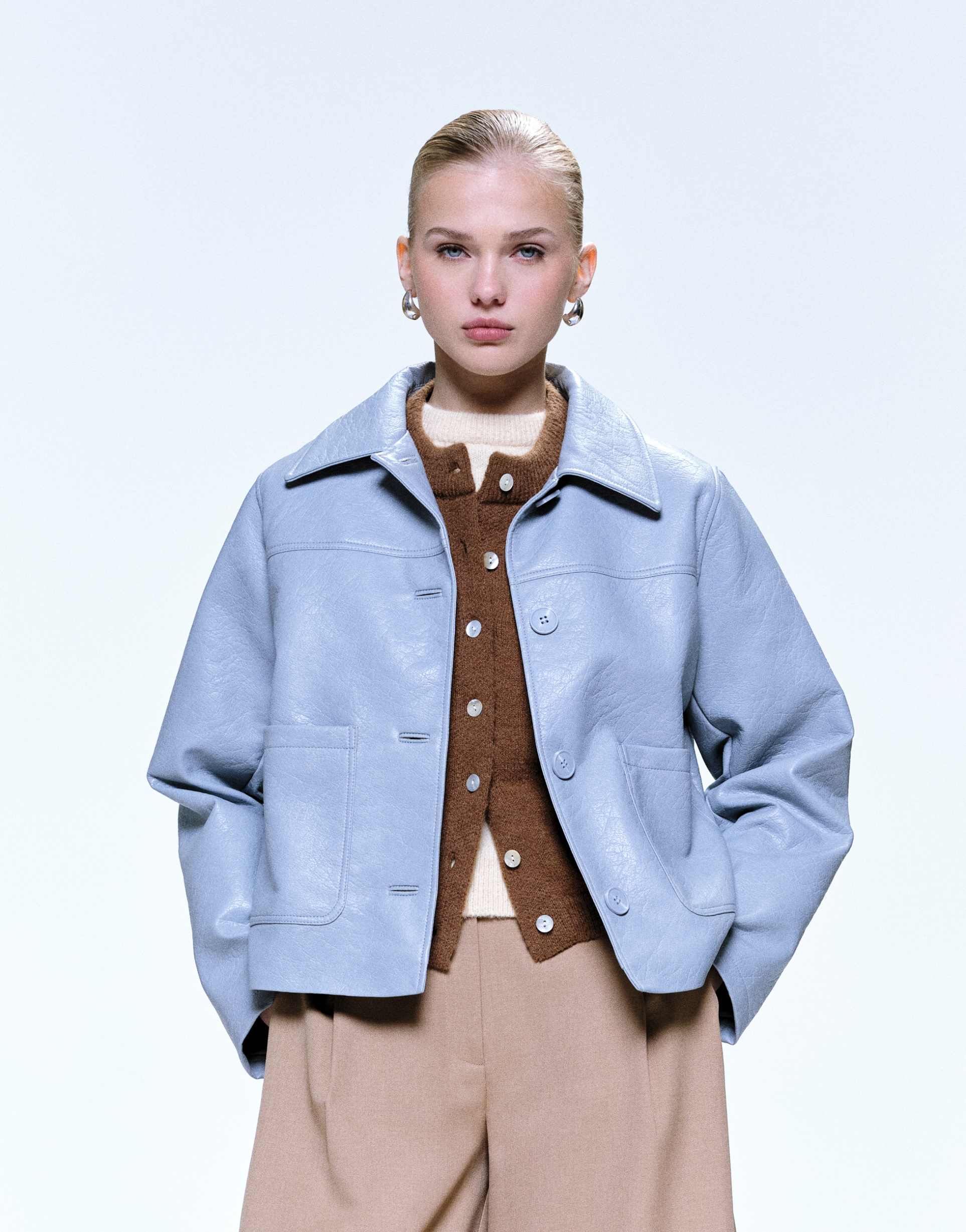 asos design leather look harrington jacket in blue