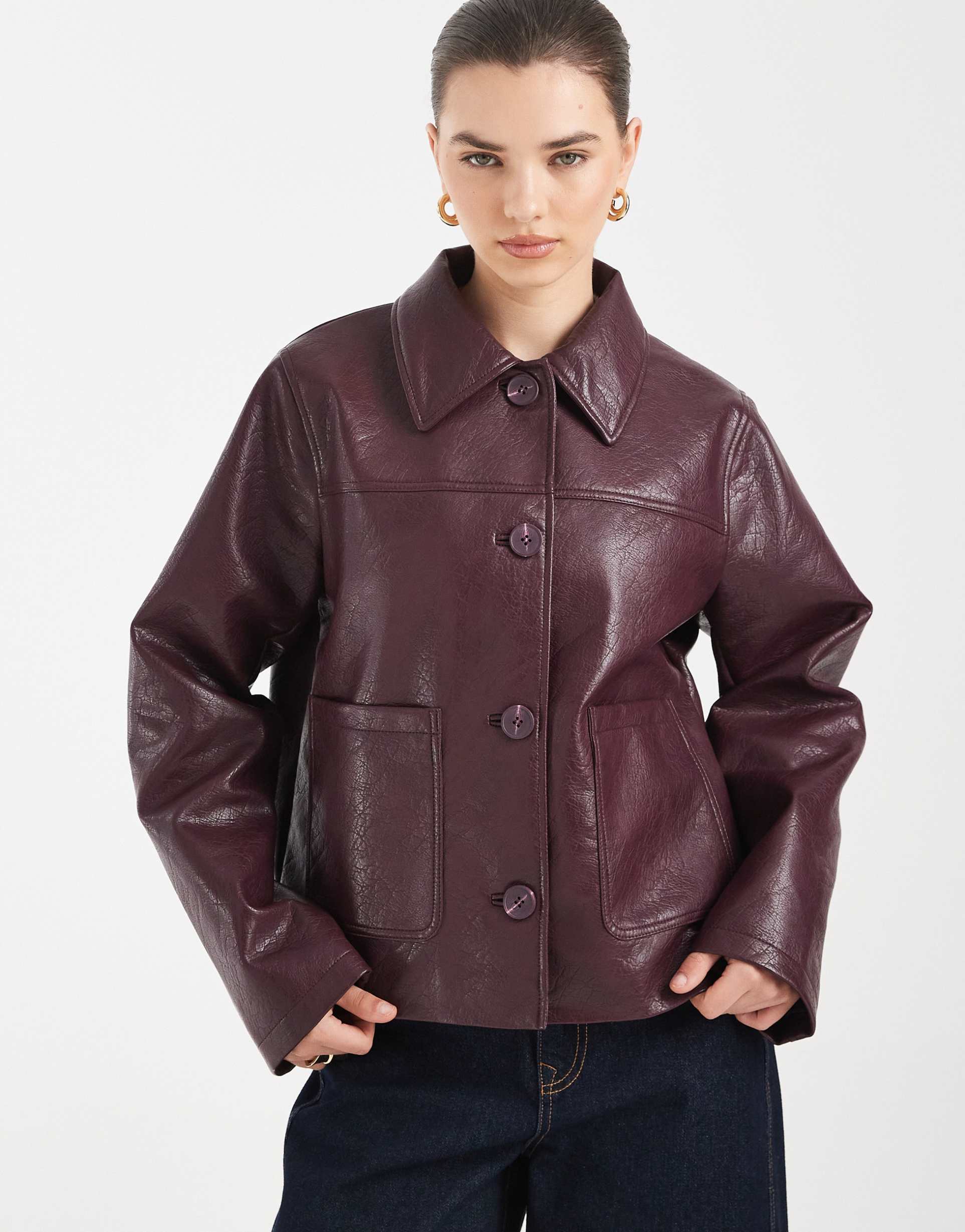 asos design leather look harrington jacket in burgundy