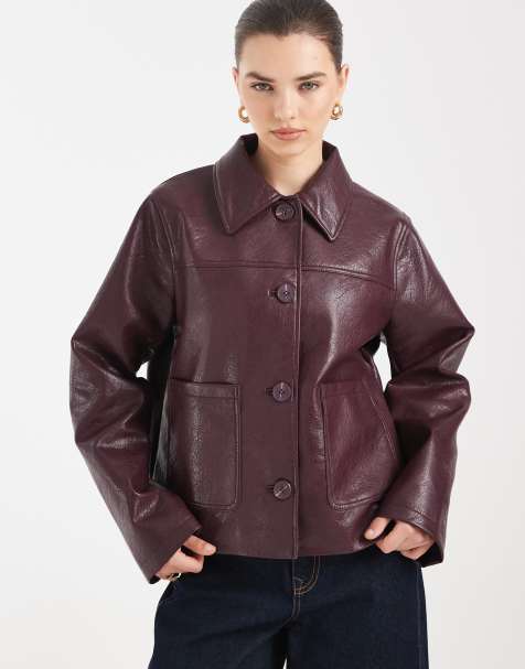ASOS DESIGN leather look harrington jacket in burgundy
