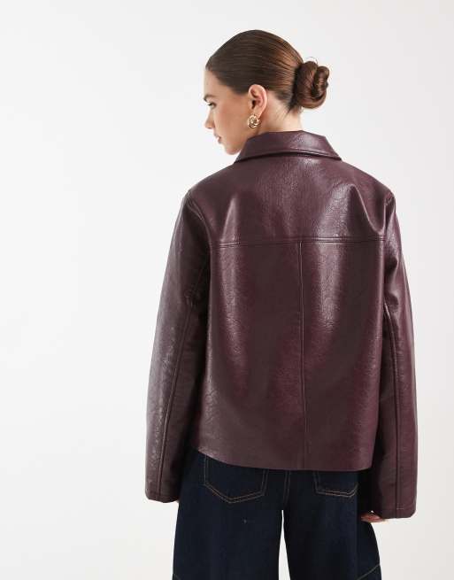ASOS DESIGN leather look harrington jacket in burgundy, 3 of 4