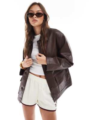 Asos Design Leather Look Harrington Jacket In Burgundy
