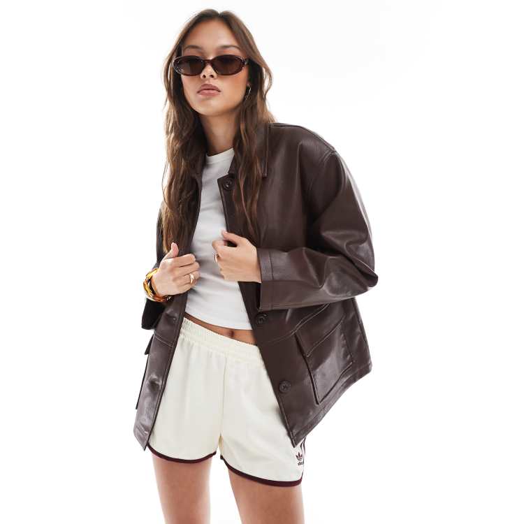 ASOS DESIGN leather look Harrington jacket in chocolate | ASOS