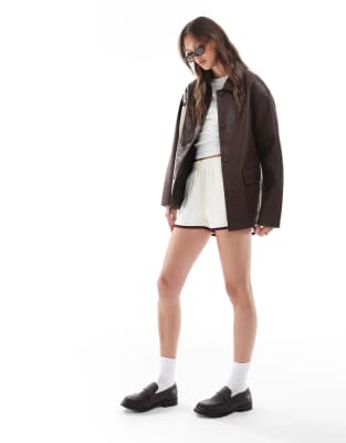 ASOS DESIGN leather look Harrington jacket in chocolate