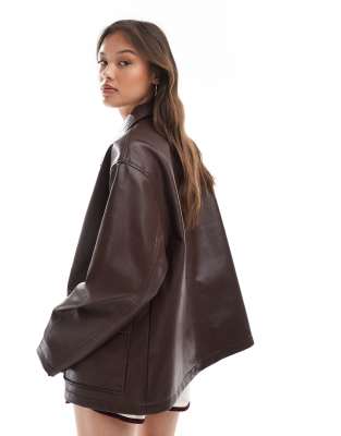 ASOS DESIGN leather look Harrington jacket in chocolate