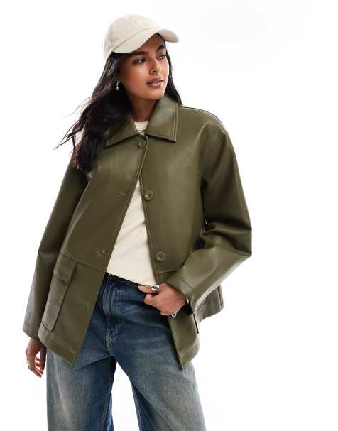 ASOS DESIGN leather look harrington jacket in khaki - view 1