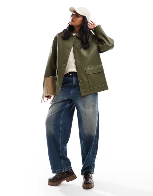 ASOS DESIGN leather look harrington jacket in khaki