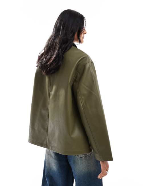 ASOS DESIGN leather look harrington jacket in khaki