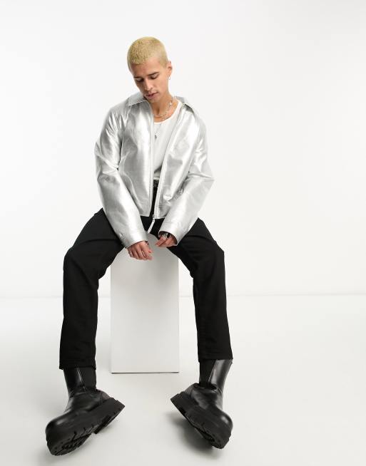 ASOS DESIGN leather look harrington jacket in silver