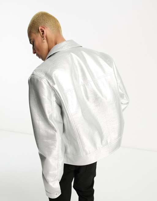 ASOS DESIGN leather look harrington jacket in silver ASOS