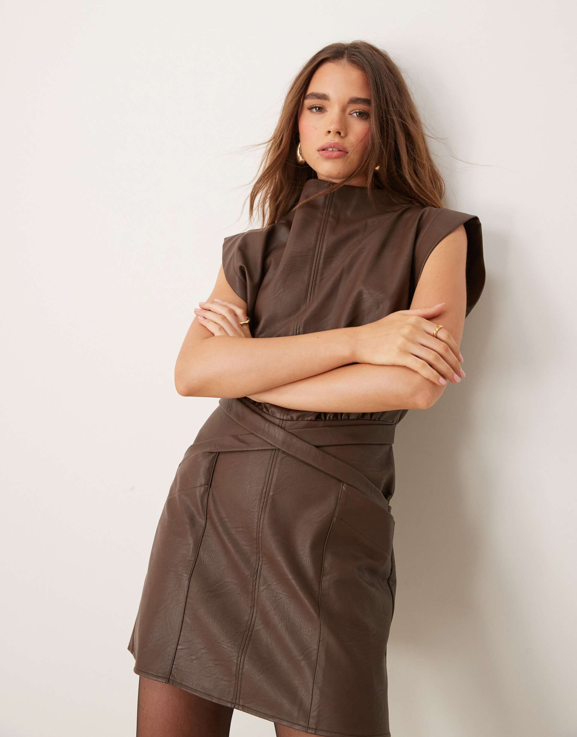 asos design leather look high neck skirt detail mini dress in chocolate