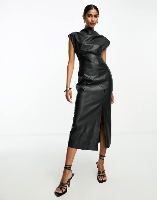 Leather look cheap midi dress