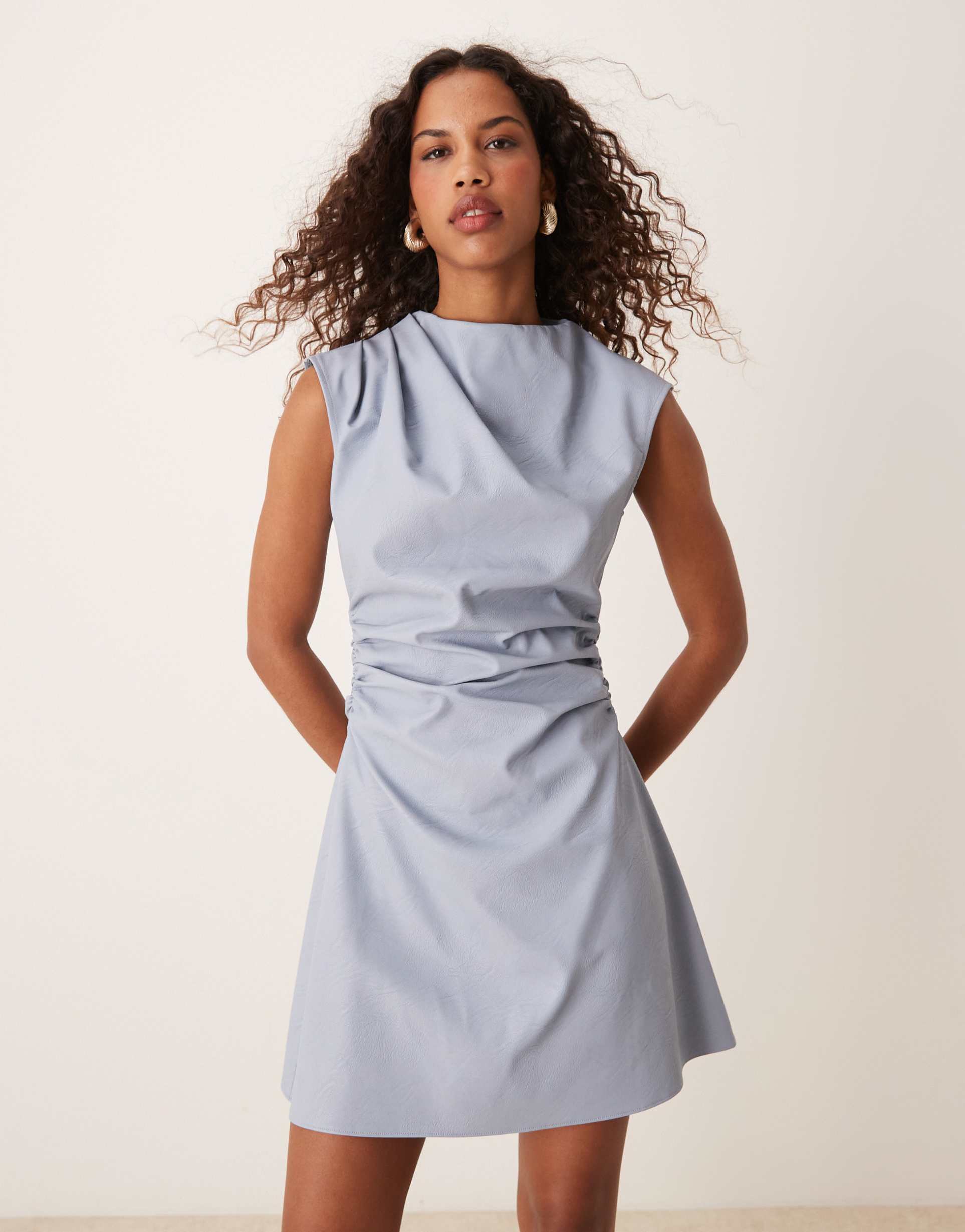 asos design leather look high neck sleeveless mini dress with ruching detail in sky blue