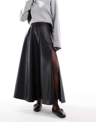 leather look high split detail volume maxi skirt in black