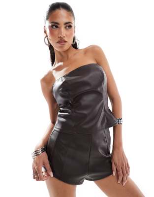 Asos Design Leather Look Hot Pants In Brown - Part Of A Set