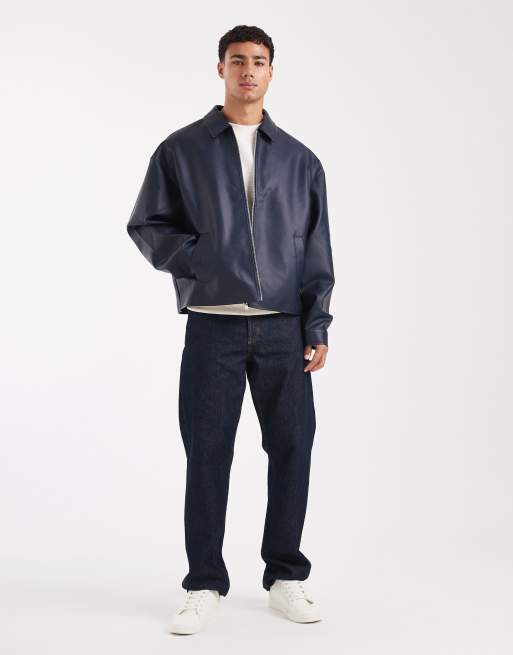 ASOS DESIGN leather look jacket in navy
