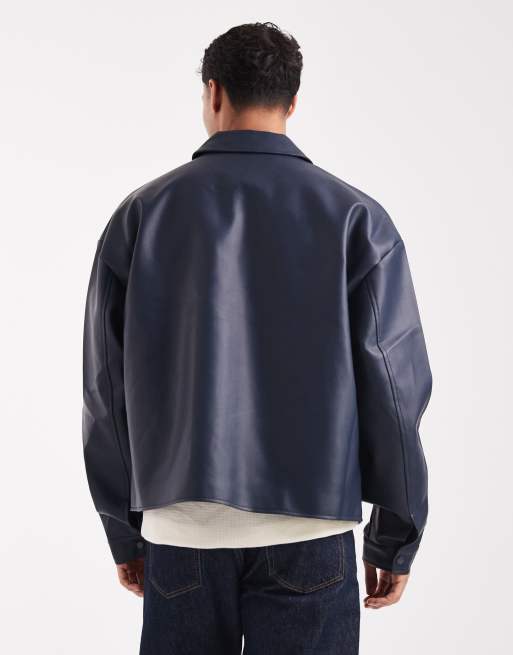 ASOS DESIGN leather look jacket in navy