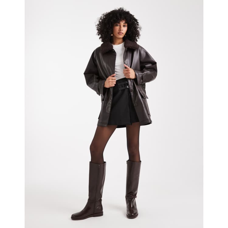 ASOS DESIGN leather look jacket with borg collar and cinch