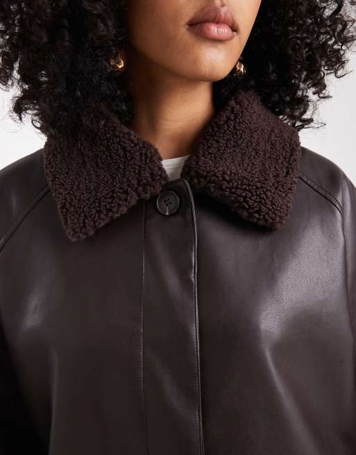 ASOS DESIGN leather-look jacket with borg collar and cinch waist in chocolate , 2 of 4