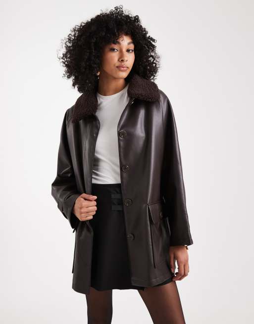 ASOS DESIGN leather-look jacket with borg collar and cinch waist in chocolate , 3 of 4