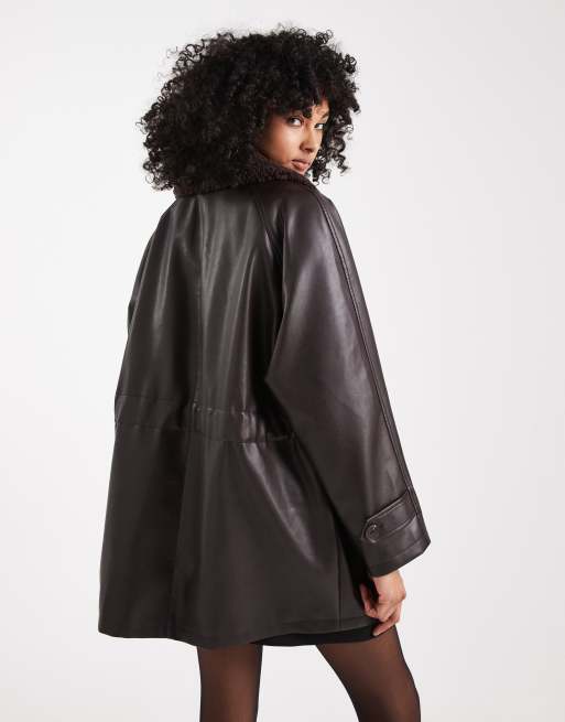 ASOS DESIGN leather-look jacket with borg collar and cinch waist in chocolate , 4 of 4
