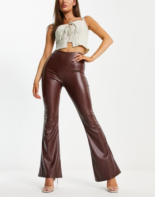 Chocolate Brown Leather Kick Flare Trousers