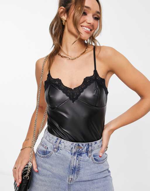 Wine Faux Leather Strappy Cami Top