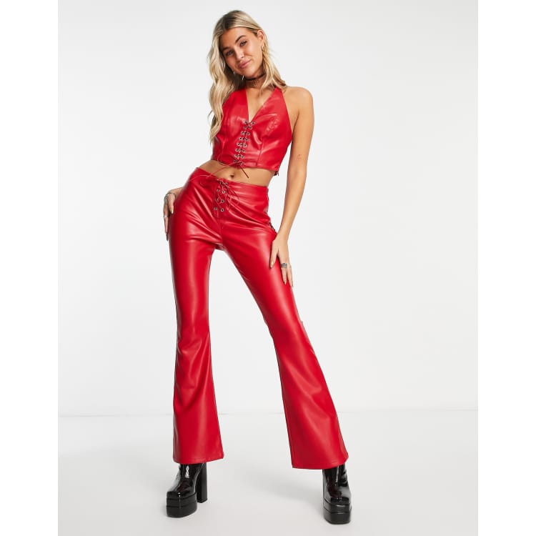 Red Flare Leg Pants Mid Rise Faux Leather