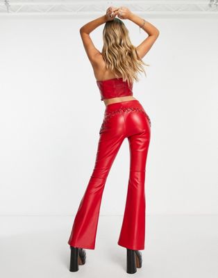 Premium Luxurious Side Lace-Up Red Leather Pants for Women