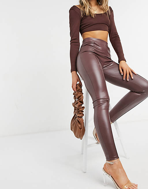 ASOS DESIGN leather look legging with pintuck in brown