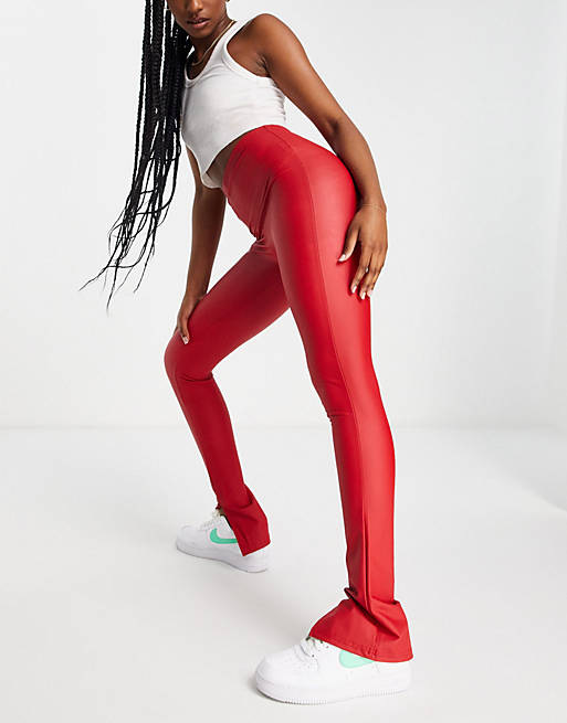 ASOS DESIGN leather look leggings with side split in red
