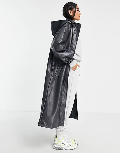 Women leather look longline parka coat in dark grey 