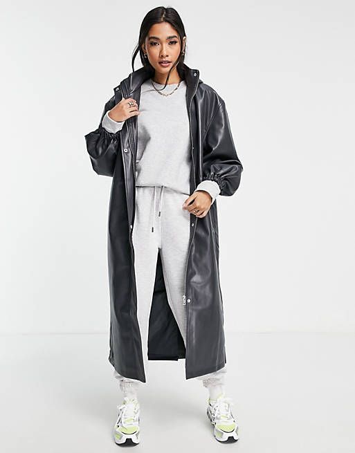 Women leather look longline parka coat in dark grey 