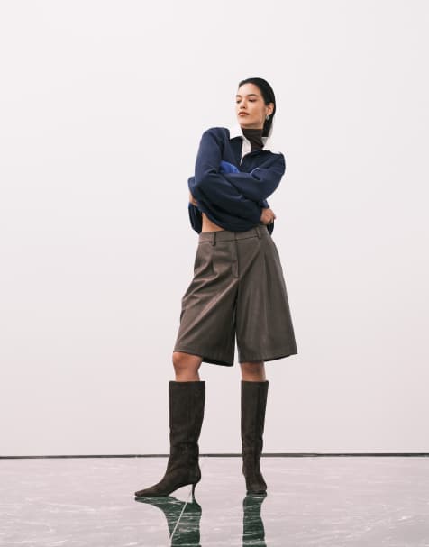 ASOS DESIGN leather look longline pleat front safari shorts in brown - view 1