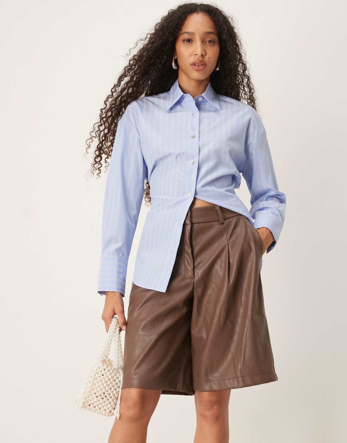 ASOS DESIGN leather look longline pleat front safari shorts in brown
