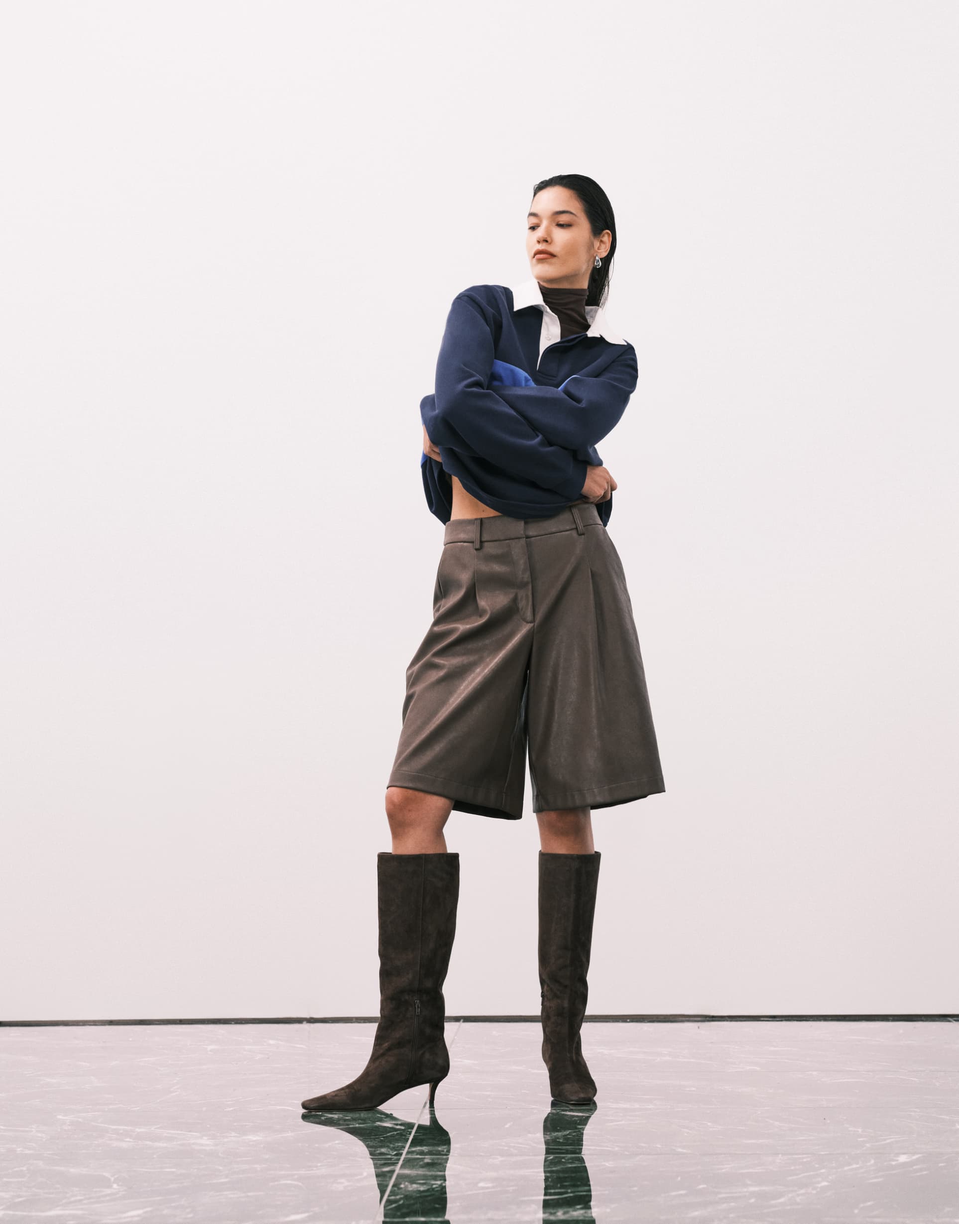 asos design leather look longline pleat front safari shorts in brown