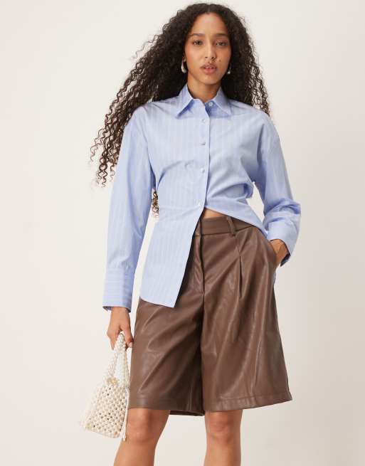 ASOS DESIGN leather look longline pleat front safari shorts in mole