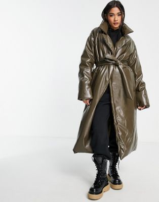ASOS DESIGN leather look longline puffer coat with belt in brown            - BROWN - ASOS Price Checker