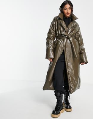 ASOS DESIGN leather look longline puffer coat with belt in brown            - BROWN - ASOS Price Checker