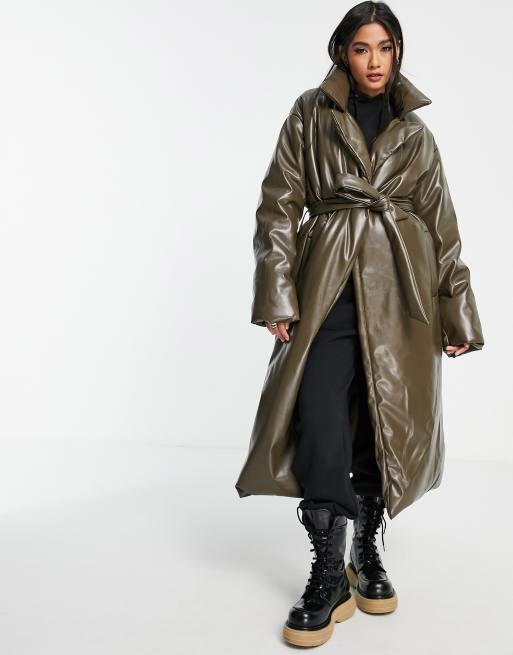 ASOS DESIGN leather look longline puffer coat with belt in brown
