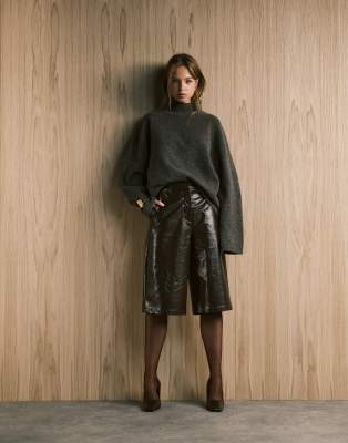 Asos Design Leather Look Longline Shorts In Brown