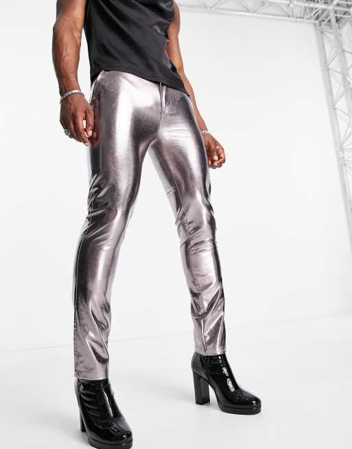 Sexy Black Leather Look Super Skinny Trousers 12 14 Extreme Low Rise Zips