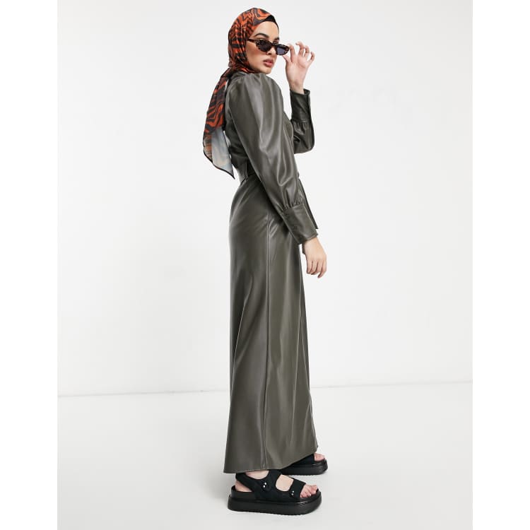 slim fit dress slacks Faux Leather Button Down Mini Dress Olive main image 1
