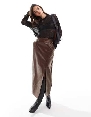 leather look maxi skirt with side slit in washed brown