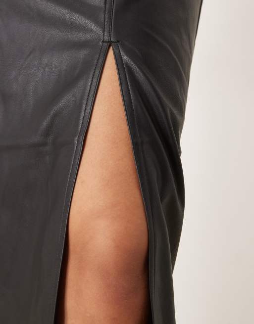 ASOS DESIGN leather look maxi skirt with side slit in black