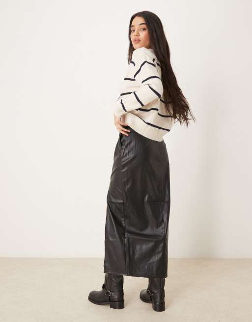 ASOS DESIGN leather look maxi skirt with side slit in black