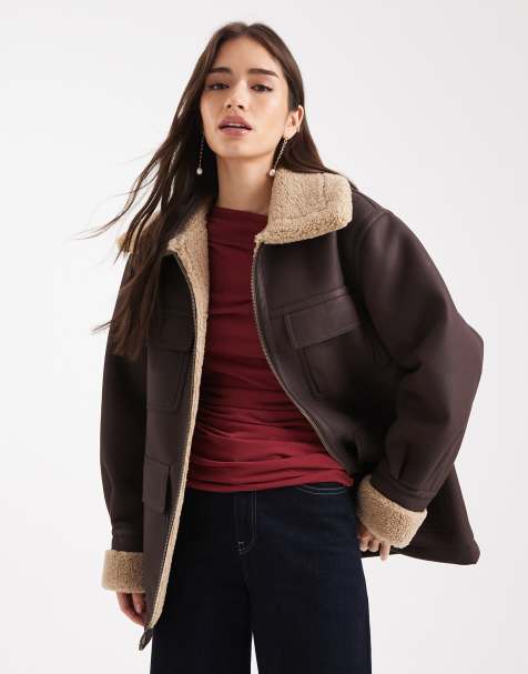 ASOS DESIGN leather look mid length bonded jacket in chocolate - view 1
