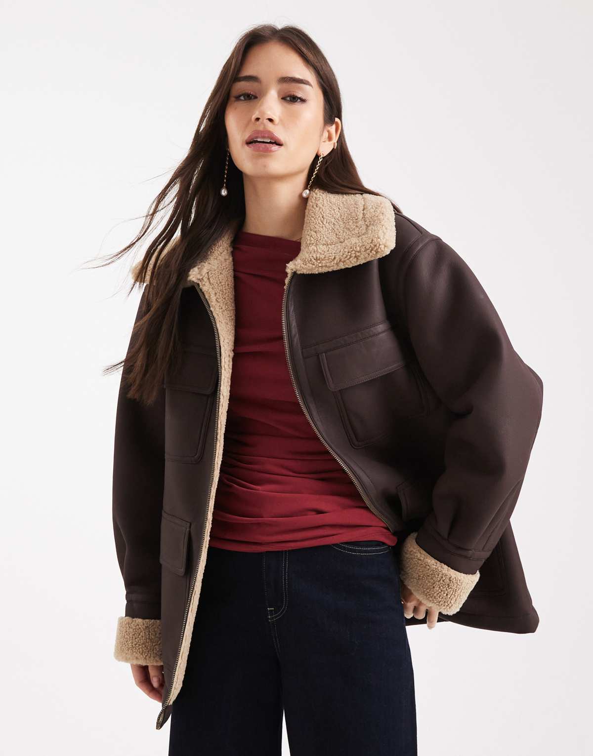 ASOS DESIGN leather look mid length bonded jacket in chocolate