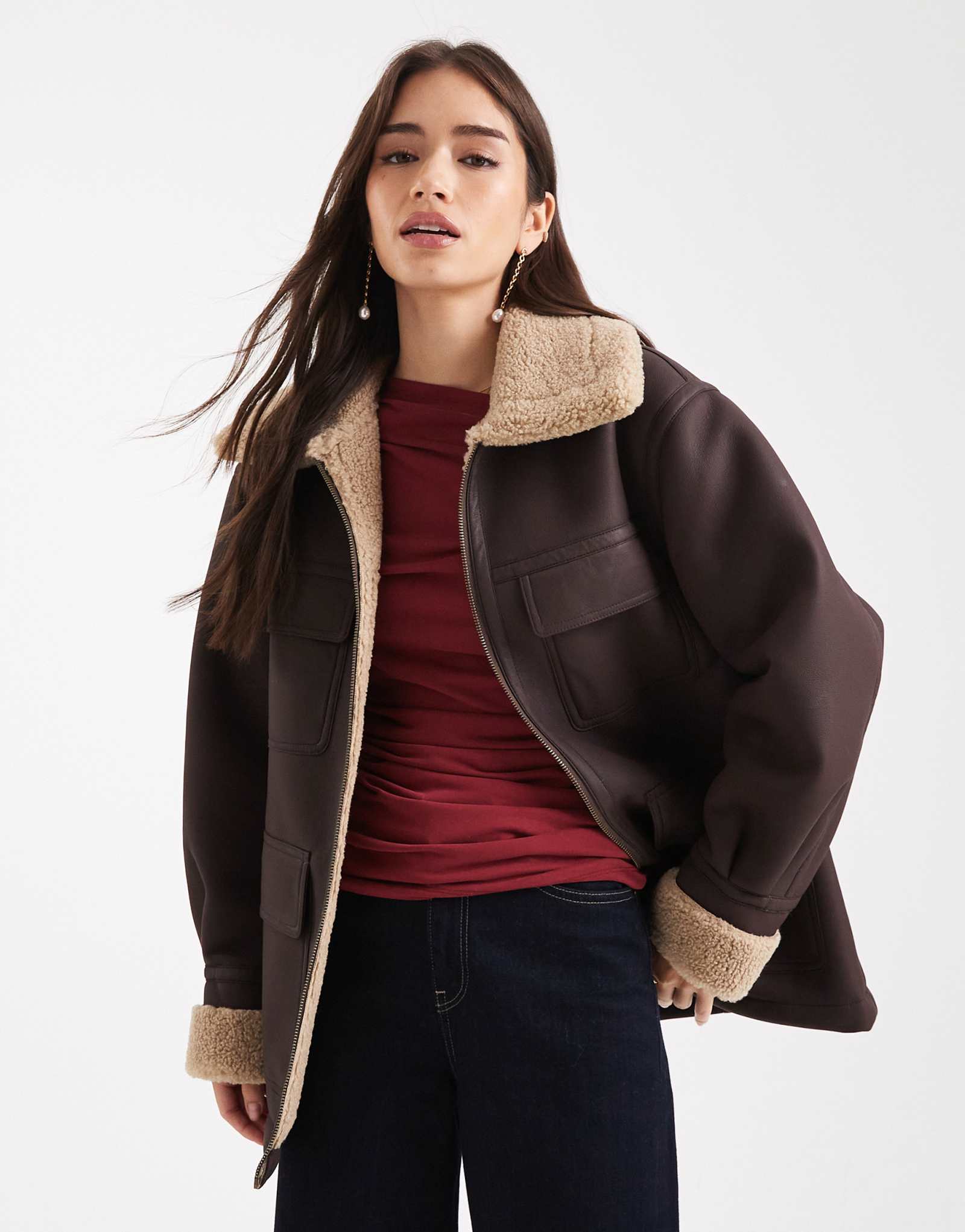 ДИЗАЙНЕРСКАЯ кожаная куртка средней длины ASOS шоколадного цвета