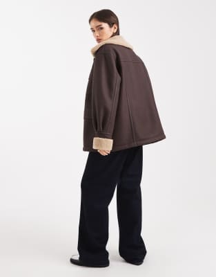 Asos Design Leather Look Mid Length Bonded Jacket In Brown