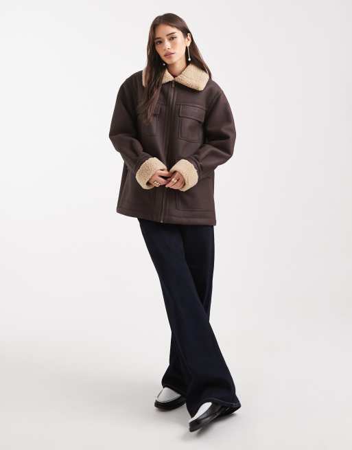 ASOS DESIGN leather look mid length bonded jacket in chocolate